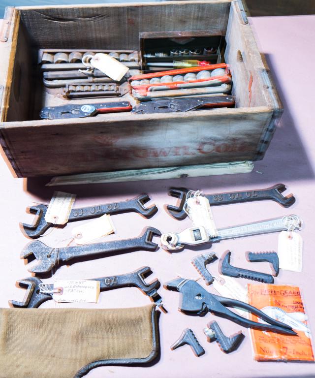 Early 20th C Wrenches & Socket Sets (13): Includes a 14" LaCrosse Plow Co. wrench, four 9 1/2" W. B. Belknap & Co. wrenches, Eifel-Geared Pliewrench Kit with manual in bag, 10" Adjust-a-box wrench, two different BMC Mfg. Corp. adjustable wren