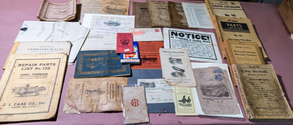 Early 20th C Farming Manuals and Other Ephemera: Includes seven International Harvester, a Case, a Massey-Harris, and three Caterpillar manuals; Fairbanks Scales; S.S. Messinger & Son; Empire Link Blade Cream Seperators; and The Geiser Manufacturing