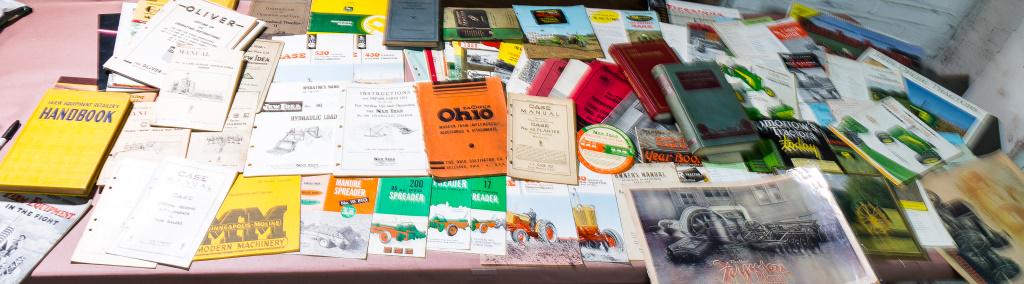 Farm Tractor and Equipment Books and Ephemera: Includes five hardcover books on farm equipment & various ephemera and manuals for John Deere, International Harvester, Cleveland, New Idea, Case. Ohio, Minneapolis-Moline, Firestone, Ferguson, Oliver