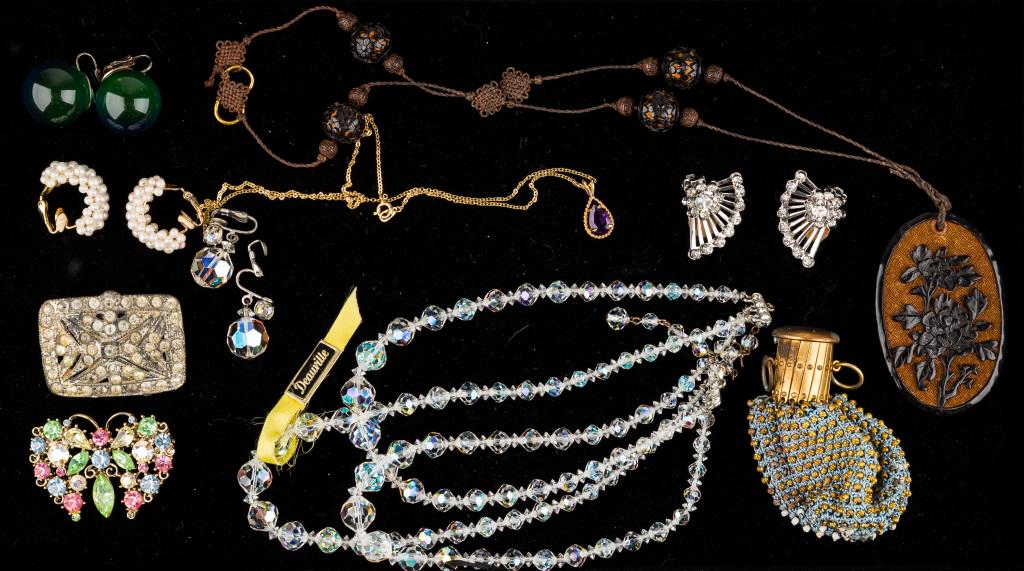 Coro & Vintage Jewelry: Coro fan shape crystal earrings, Aurora Borealis crystal necklace with earrings, Chinese carved necklace, earrings, and more.