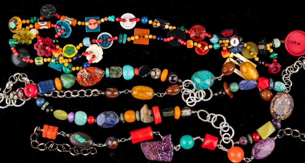 Vintage Necklaces: 4 Unique design necklaces including artisan button, Bakelite, turquoise, coral, amber, and other stones.