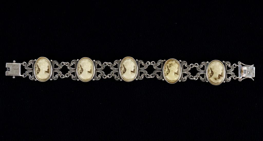 Sterling Vintage Cameo Bracelet: Wide sterling silver carved fine cameo lady busts with marcasite and heart detail.