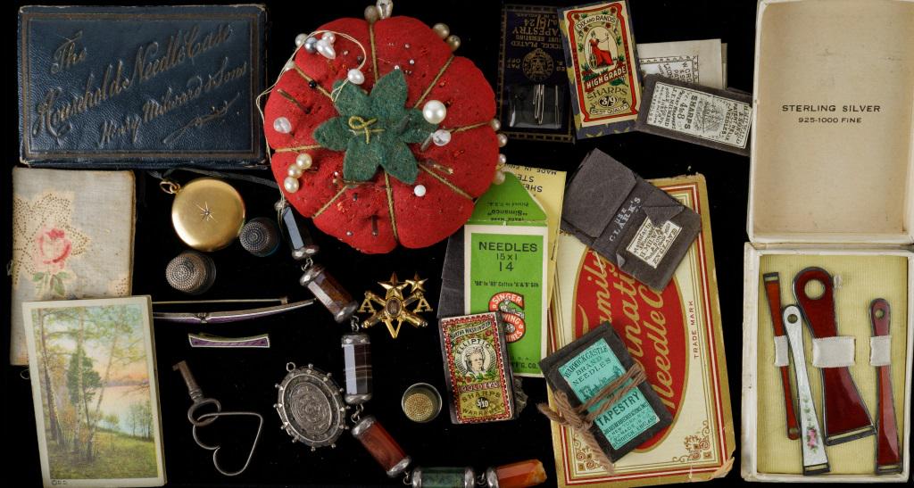 Antique Victorian Jewelry & 1752 Thimble, Sewing: 2 Round Victorian lockets (1 sterling silver), a sterling and Guilloche enamel 4"L bar pin, sterling enamel, some rose detail and red enamel sewing implements in original box, 2 sterling thimbles, 1 b