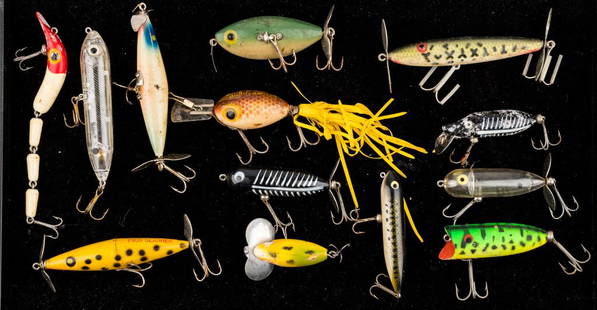 Vintage Fishing Lures: 14 vintage fishing lures including "Frantic-lantic" (Atlantic Lures Inc), Heddon Baby Torpedo, Heddon Tiny Floating Runt, Pico Slasher, Beno, Arbo- Gaster and more.