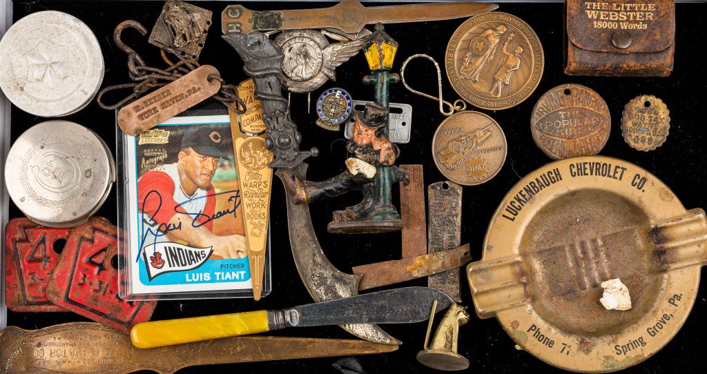 Advertising, Brass and Tin Grouping: Active Elevator Co. letter opener, butter knife with 4 marks EPNS, metal Warp publishing Co bookmark, metal small knife with Washington D inscribed on blade, Luckenbaugh Chevrolet Spring Grove, PA ash