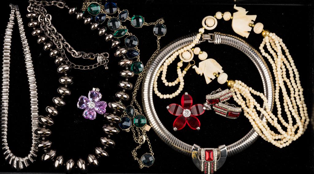 Designer and Costume Jewelry: joan rivers silver tone bead necklace approx 31" L, Monet silver tone necklace, purple stone 750 plated pendant and similar in red, BR blue and green stone necklace, unmarked silver tone necklace / ch