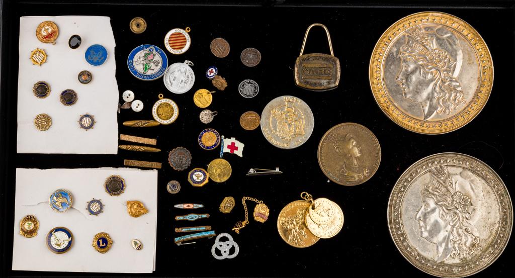 Vintage Medallions, Pinbacks, Bar Pins: Maria Anna Augusta Ferdinandi coin, some bar pins with enamel, patriotic pin backs, two faux coin coasters, 3 coin pendant, and more.