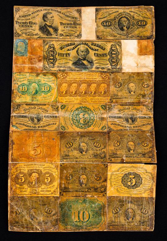 Civil War US Fractional Currency Sheet: Collage / group of 18 - 1862 / 1863 currencies pasted together on a sheet and include 1 @ 50 cents, 2 @ 25, 6 @ 10, 6 @ 5, and 3 @ 3. Several with George Washington and Thomas Jefferson. The smaller i