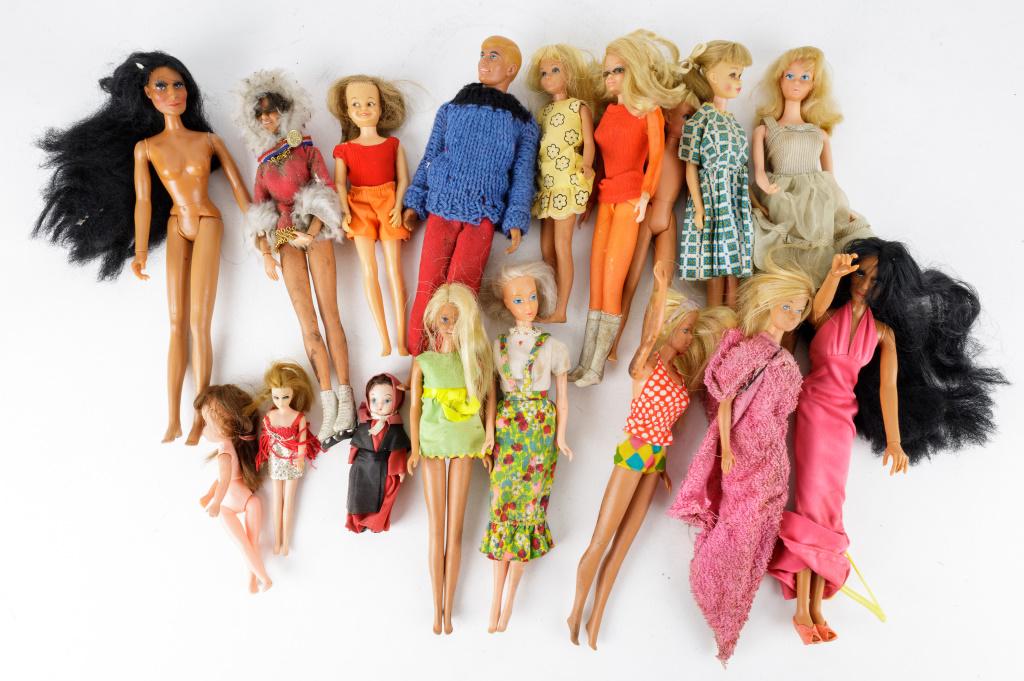 Vintage Barbies & Other Dolls: Vintage Mattel Barbie dolls include 1968 Ken, 1- 1965 doll, 5- 1966 dolls (1 missing leg), 2- 1967 Skipper style dolls, 1968 doll with eyelashes, Ideal brand 1975 ice skater doll and 1964 Ideal doll w