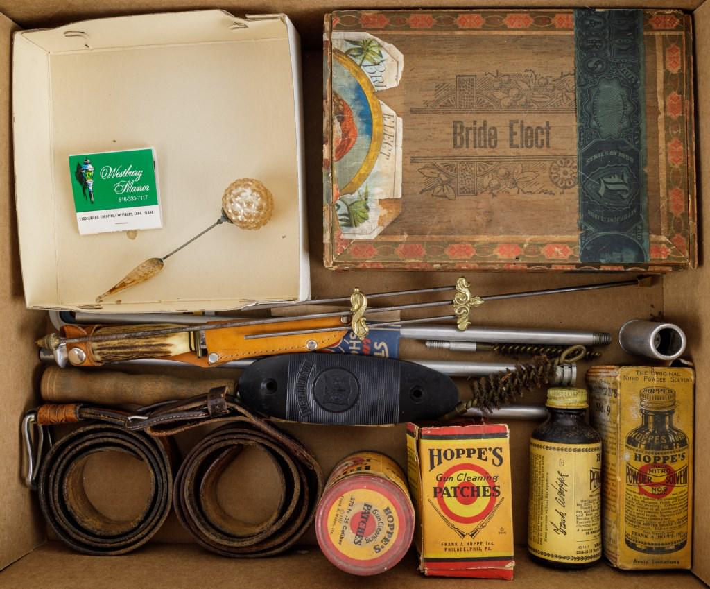 Vintage Gun Cleaning, Accessories & More: Vintage Hoppe's powder solvent and patches with original boxes, Streco Lifetime Shotgun Rod, Othello tag handled knife with Ideal leather sheath, approx 6.5"L, Iver Johnson butt plate with owl decorat