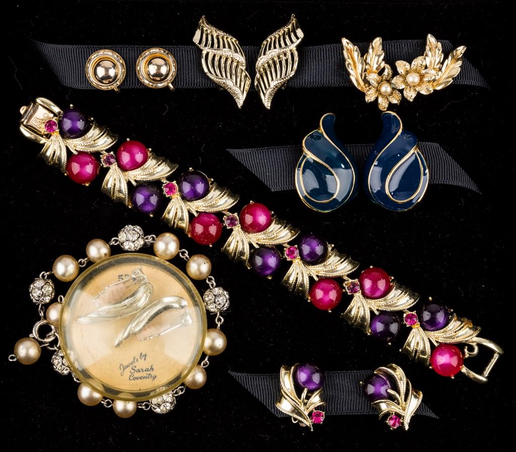 Estate Coro, Coventry and PEP Jewelry: 8 pieces from Aunt Betty's estate jewelry featuring a pair of (matching) Coro earrings, bracelet, with purple and pink cabochons and pink rhinestones, 3 pairs of Coro screw and clip back earrings, a v