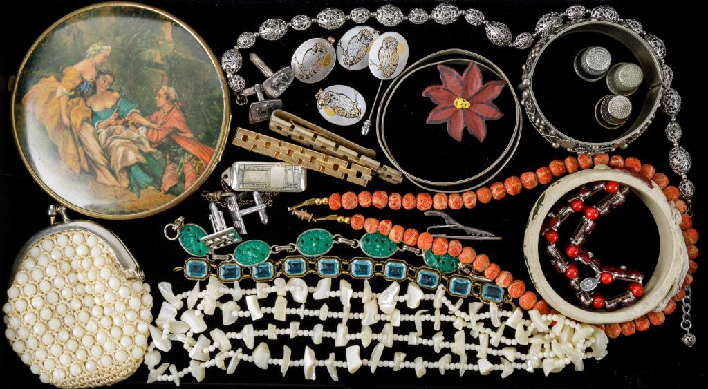 Coral and Vintage Jewelry Collection: Coral and mother of pearl necklaces, blue glass bracelet, compact and coin purse and more.