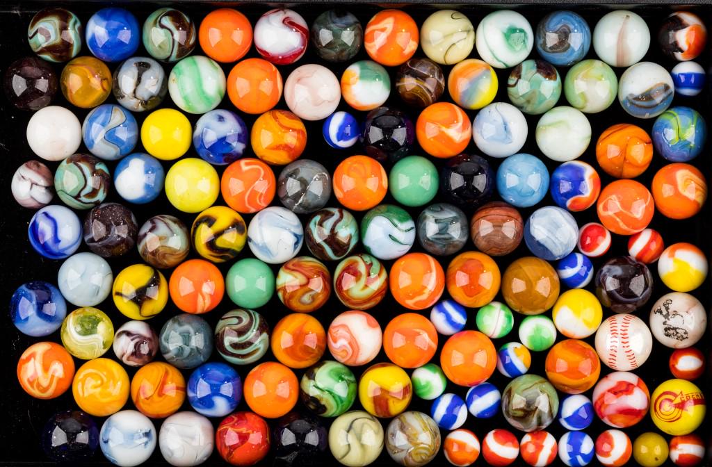 Vintage Shooter & Other Marbles: Approx 70+ shooter and other marbles, including Cockshutt, character (worn) and baseball shooters, in various styles and colors.