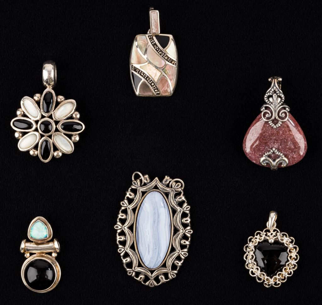 Sterling Silver Pendants: 5 Sterling silver pendants including onyx changeable heart, various gemstone, opal and onyx, and abalone with marcasite.