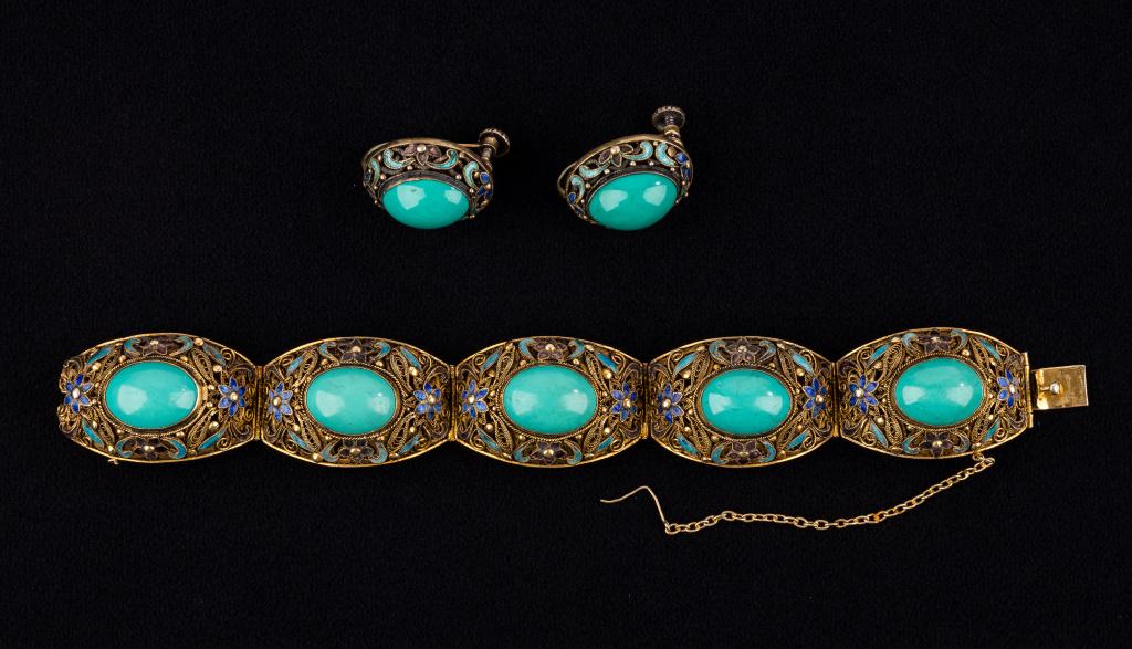 Early 1900's Silver Enamel Bracelet & Earrings (1 of 7)