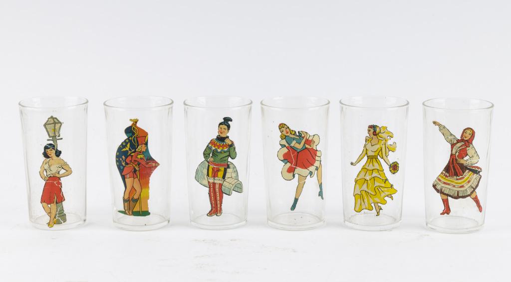 Vintage 'Girlie Glasses' Set: Set of 6 vintage 'Girlie Glasses' with fully dressed girl on front and nude version on reverse, decals are in mostly good shape, some crackling due to age, approx 4.75".