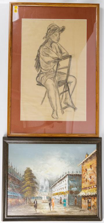 European & American Art: Paris style oil on canvas approx 22.5" x 18.5" OD signed LR, and charcoal of seated woman by Lelage Kanes titled 'Contemplation', approx 23" x 15" image size.