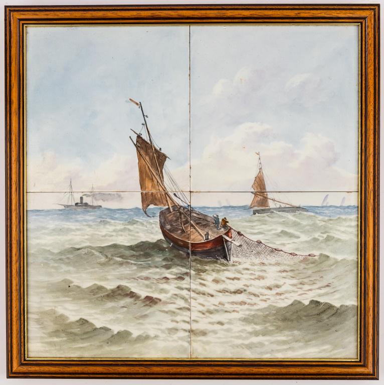 Vintage Painted Nautical Tile Scene: Painted 4 tile scene of fishing boat with net, unsigned, approx 11.5" x 11.5" image size.
