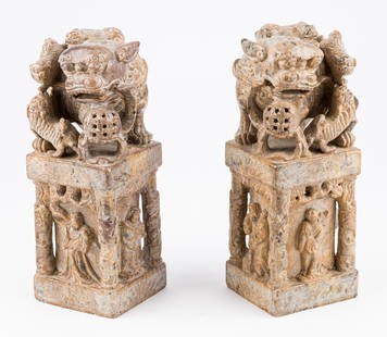 Mid 19th C Foo Dog Seals with Immortals (Pair): Chinese 8 Immortals soapstone seal / chops. Finely carved in excellent condition. Each approx 8.5" H x 3" square.