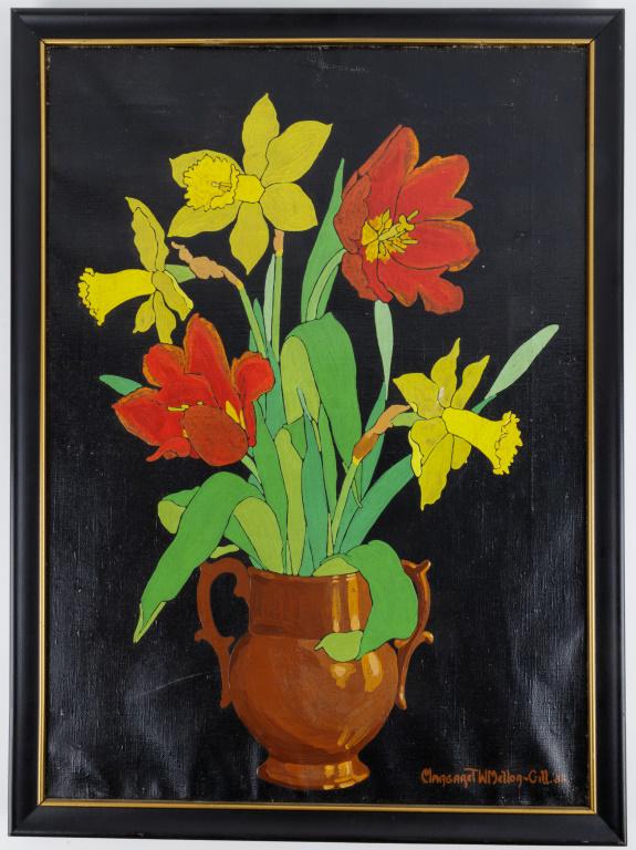 Margaret Mellor-Gill (1901-1986) Oil on Canvas: Oil on canvas titled 'Copper Custom' painting by Pennsylvania artist Margaret Mellor-Gill, signed LR and dated 1932 featuring still life of various flowers in vase, approx 17.5" x 24" OD, paint has ag