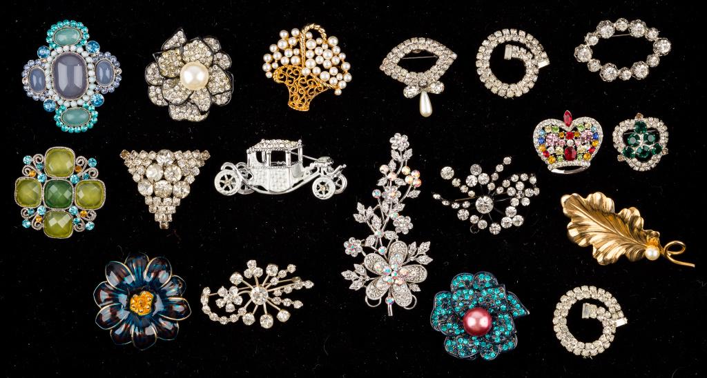 Vintage Brooches: 18 various rhinestone and crystal brooches - Kirks Folly, floral, one in shape of a car, and more.