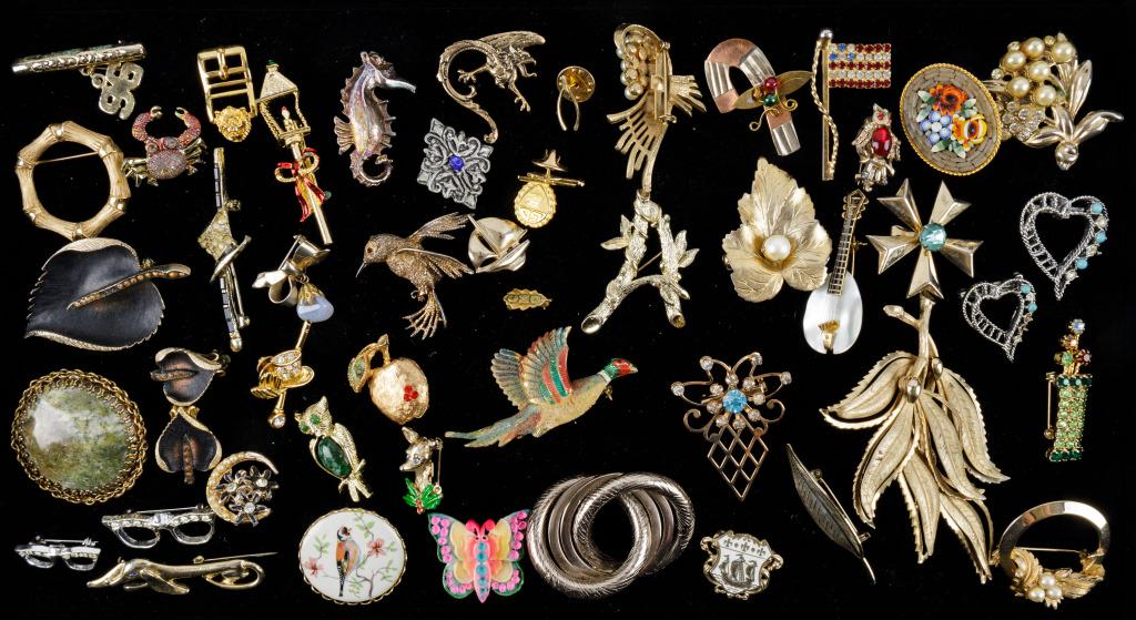 Coro, Sarah Coventry, Gerry's & Other Jewelry: Sarah Coventry leaf faux pearl pin, faux pearl circle pin and 'A' branch pin, Coro white enamel ship pin, Gerry's matching heart pins and street lamp pin, marked but illegible flying bird pin, owl jel