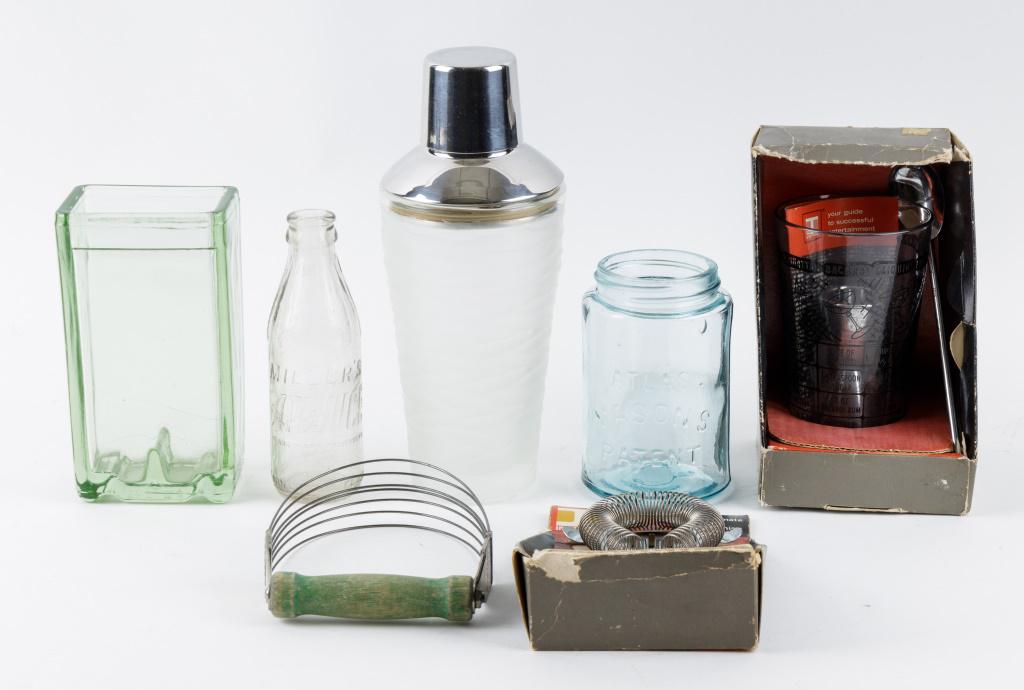 Antique Battery Bottle, Vintage Cooking & Barware: Antique battery bottle (no lid), MCM cocktail shaker approx 10"H, Atlas Mason's jar (no lid) approx 5"H, Miller's Apl-Juice, Irvinware Smart Set barware kit, and Androck pastry blender.