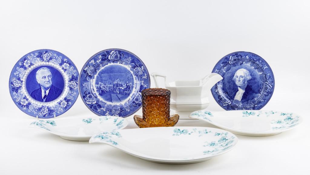 Wedgwood Portait Plates and Other Pottery/Glass: Red Cliff Iron Stone large white gravy boat; trio of blue floral decorated platters Hallcraft by Eva Zeisel; amberina pressed glass hat; 3 Wedgwood plates (2) with George Washington and (1) with Frank