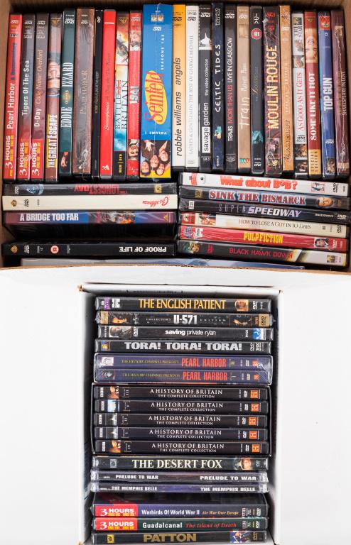 Collection of DVDs (~50): Various movies including a BBC set of A History of Britain, History Channel Pearl Harbor, various war related movies including George C. Scott. Also Pulp fiction, Casablanca, Moulin rouge, Camelot, So