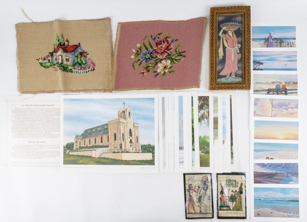 Vintage Art, Prints, and Textiles: Oriental watercolor of woman with basket of flowers with elaborate inlay frame 5.5"W x 11"H. Two papyrus postcards. Two embroidered works 12"W x 9"H. Eight Robert Blake prints 7"W x 5"H. Approximately