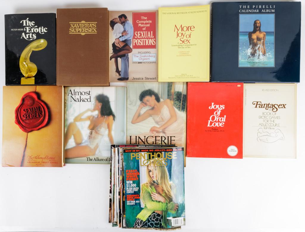 Erotic Books and Adult Magazine Grouping: Seven *adult* magazines including Penthouse, Fox, and more. Ten erotic books and manuals including Xaviera's Supersex, More Joy of Sex, The Erotic Arts, and The Pirelli Calendar Album First 25 Years.