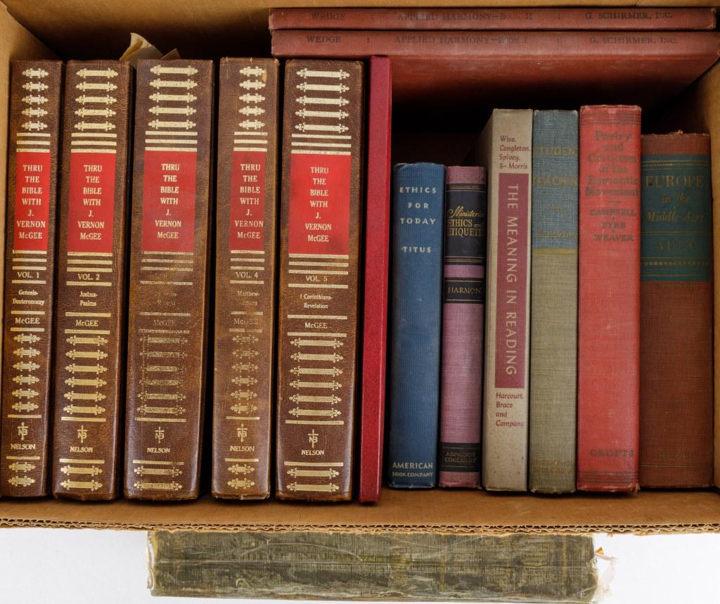 Vintage Ethics and Religious Books: 15 books including Ethics for Today, Ministerial Ethis and Etiquette, The Meaning in Reading, Poetry and Criticism of the Romantic Movement, Student Teaching, Europe in the Middle Ages, Church Symboli