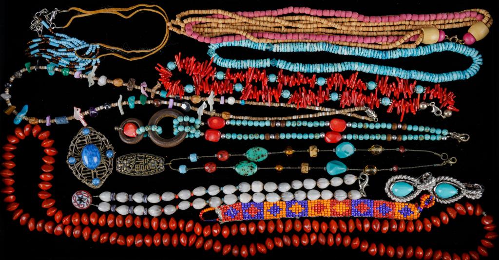 Vintage Turqoise and Native American Style Jewelry: 12 pieces including a bird fetish necklace made of mother of pearl, turquoise, and semi precious nuggets, branch coral and turquoise necklace, turquoise, shell,and wood ring necklace, faux turquoise,