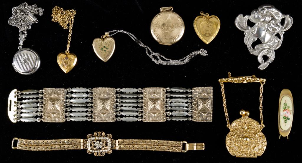 Vintage Lockets, Sterling Bracelet, and More: Five lockets the largest of which is 12K gold filled. Two bracelets, the largest marked Sterling Mexico total 39.5 DWT (composition may not be 100% sterling). One Art Nouveau pendant marked Alva Museu