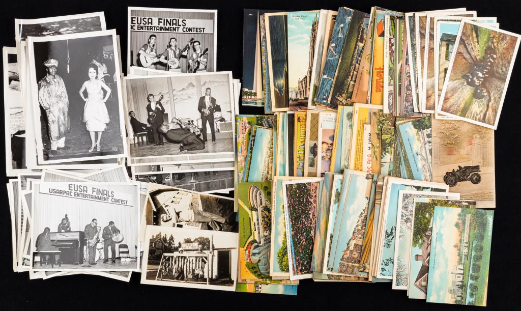 Vintage WW2 Photos and Postcards: 40 Black & White WW2 Era photos of musicians, military, athletes, and more. Approx 125+ postcards of destinations including Amish, Native American, and more.