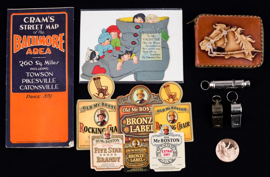 Vintage Valentine's, Whiskey, Maps, and More: Vintage Old Woman in the Shoe Valentine in sleeve, six Old Mr Boston Blended Whiskey labels from Boston, Mass, vintage Cram's Street Map of the Baltimore Area, bronze Christmas token dated 1980, three