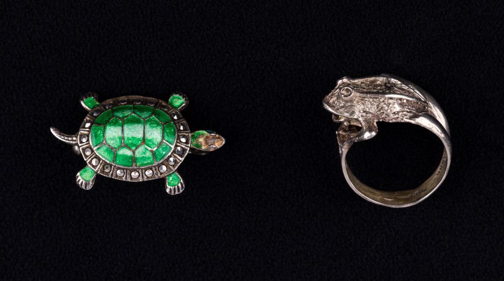 Vintage Sterling Frog Ring and Turtle Brooch (1 of 9)
