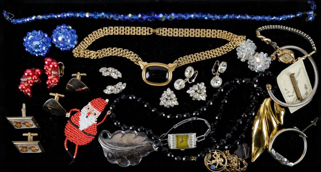 Trifari and Vintage Estate Jewelry Collection: Read bead clip earrings marked Trifari, gold tone leaf brooch with matching earrings marked Trifari, blue to clear aurora borealis jewelry, rhinestone clips, carved peacock brooch, vintage watches (un