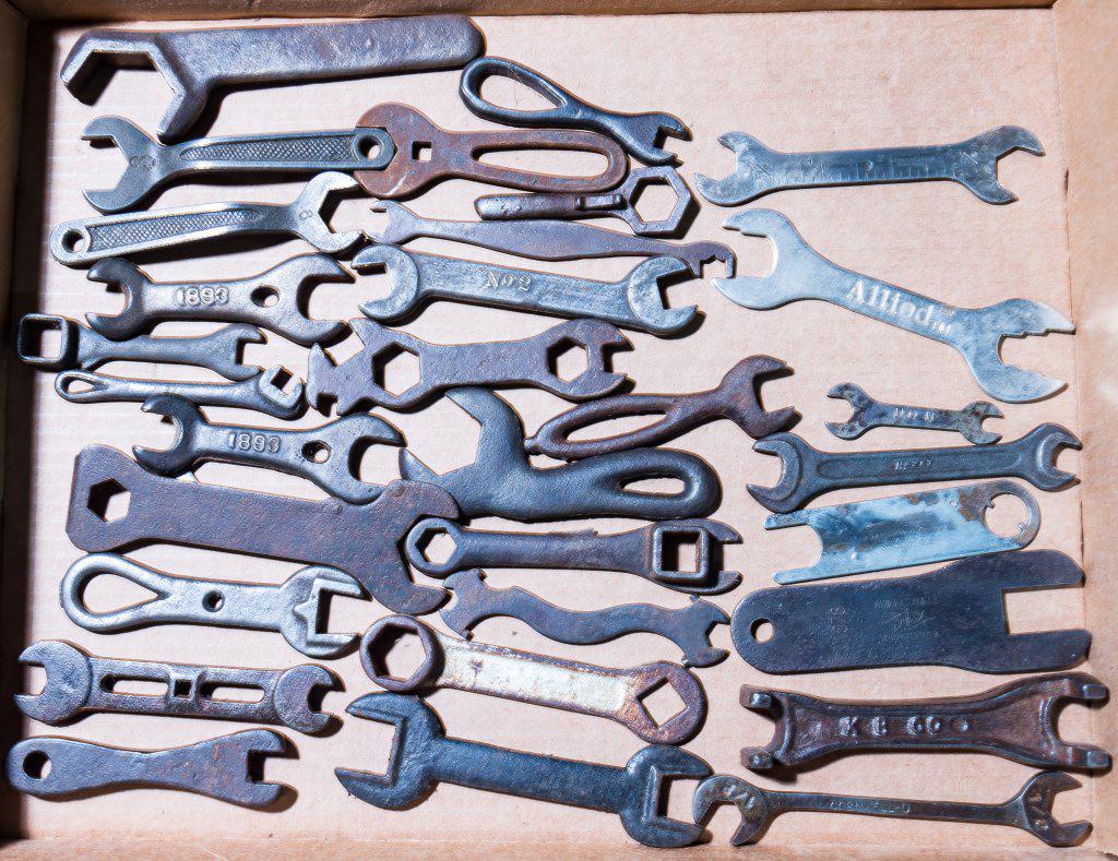 Early 20th C Smaller Wrenches (32): Includes wrenches by K B Co., Hazet, Don, Allied, E. Edelmann & Co., L.M. Cox Mfg. Co. Inc., Cornwell, Albertson & Co., and 24 others in a wood crate.