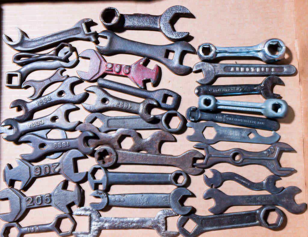 Early 20th C Smaller Wrenches (32): Includes wrenches by Rancke Mfg. Co., Ericsson Mfg. Co. “S” wrench, E., Perry, Williams Sleeve Bar, Dog Bone, Kraeuter, Armstrong, and 24 others.