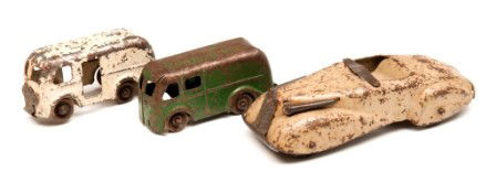 Three Marx Toy Cars: Three Marx toy cars including a convertible and two delivery vans, all with wooden wheels, all with some paint loss (green van is missing a wheel and grill)