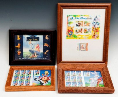 Walt Disney and Warner Brothers Stamp and Pin Sets: Lot of 4 pieces including two Warner Bros stamp sets, one Walt Disney World Florida stamp set and a Disney Lion King Pin set