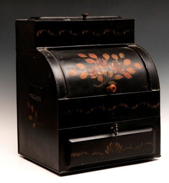 Tole Decorated Bread Box: 19th C tole decorated bread box with lift lid top, front lift lid over a single door, 19"h x 14"w x 12"d