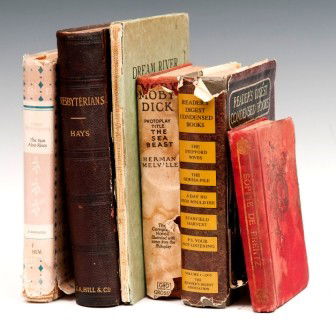 Grouping of Early Books: The Sun Also Rises by Ernest Hemingway 1954, Presbyterians by Hays 1892, Dream River, an Anthology by Bud Rainey 1941, Sophie De Brentz 1858, Moby Dick, Photoplay Title, the Sea Beast 1925 along with