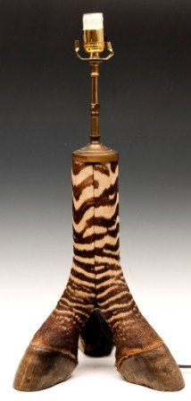 Zebra Hoof Table Lamp: Zebra tri-hoof table lamp - perfect for man sanctuary (man cave) or trophy room where guys can do as they please without fear of upsetting any female sensibility about house decor or design.