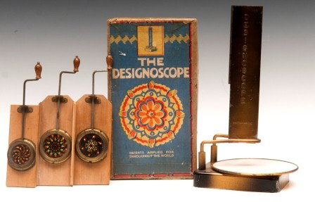 Kaleidoscope: Three small individual kaleidoscopes, and one "The Designoscope" with original box