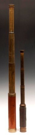 Telescopes: Lot of two 3-draw telescopes, one brass and rosewood and other scope brass and leather