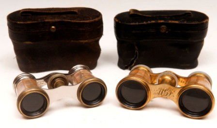 Opera Glasses: Two pair opera glasses, both mother of pearl in original cases, one marked Chevalier, Paris and other marked Lemaier, Paris
