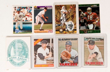 Mickey Mantle 1965 Topps Card and Others: Mickey Mantle Topps 1965 Yankees Baseball Card, Elston Howard 1966 Topps Card, Whitey Ford 1966 Topps Card, Hank Aaron 23k Gold basketball card, John Witman, signed football card, Cal Ripken Jr 1992 U