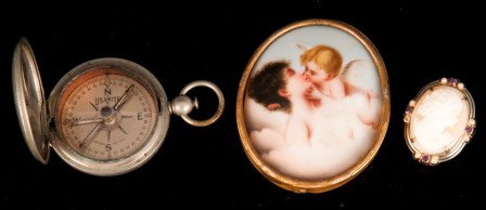 Lot with Shell Cameo Pin, Painted Porcelain: Grouping. Including a shell cameo pin, painted porcelain in brass frame and a Usanite compass, "Eng. Dept. U.S.A. 1918"